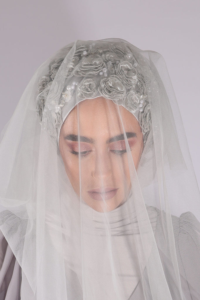 Shine The Hijab Floral & Beyond Veil in Silver color for Bridal and Occasions 