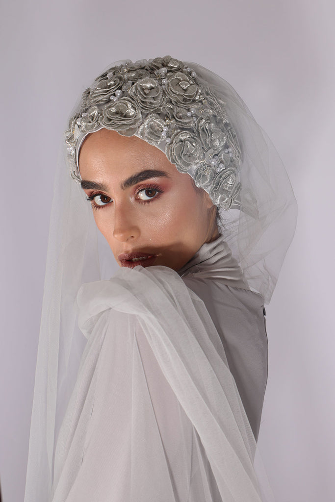 Shine The Hijab Floral & Beyond Veil in a Silver color turban and veil in one piece 