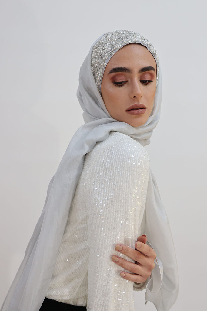 Edit alt text Shine the hijab silver glow set with 100% pure silk shawl for bridal and special occasions