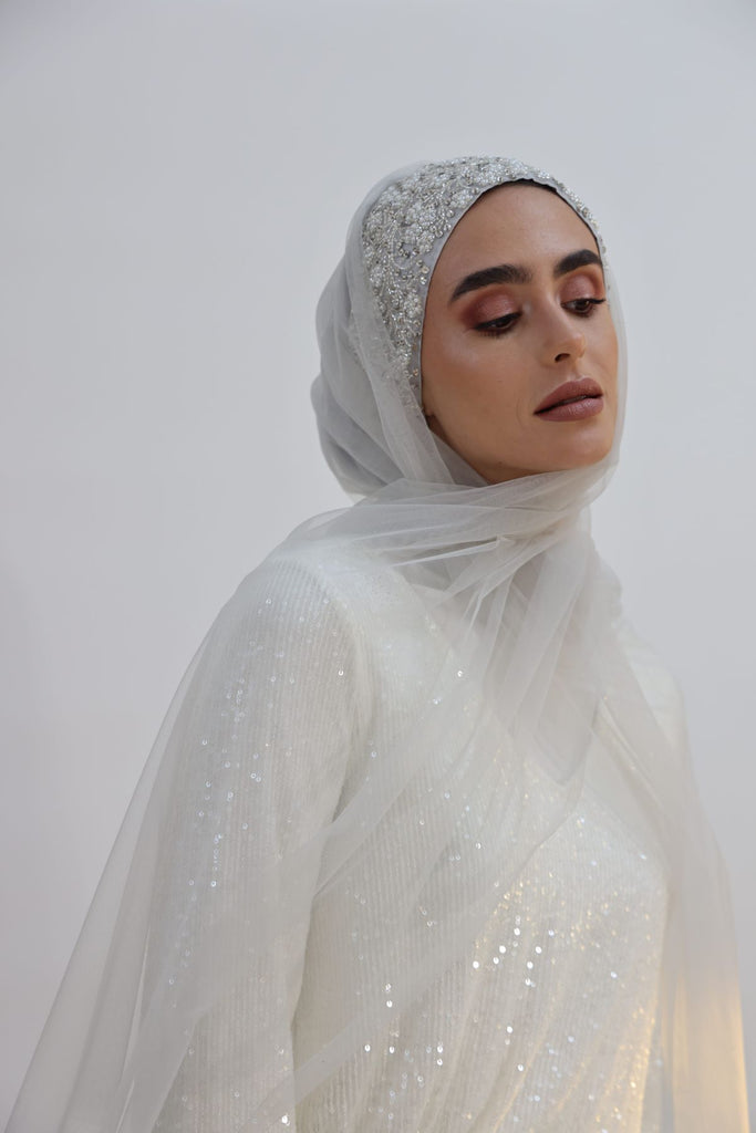 Shine the hijab silver glow set with tulle shawl for bridal and special occasions 