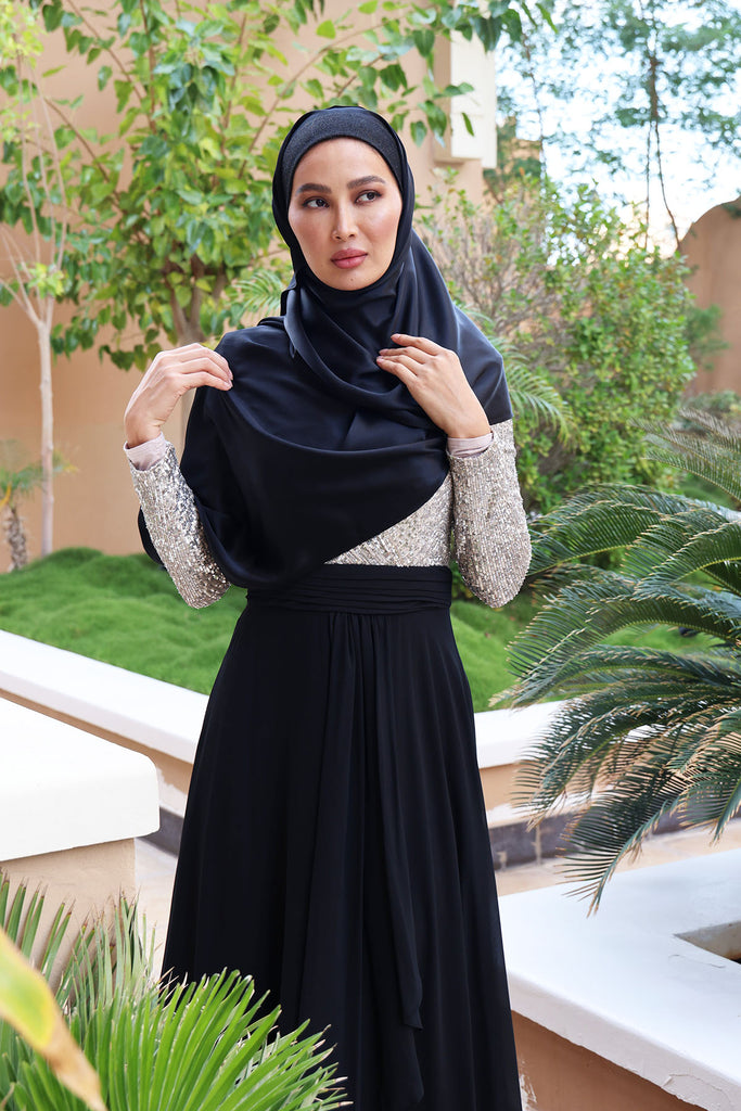 Shine the hijab Al Johara silk satin hijab in Black color for bridal and special occasions
