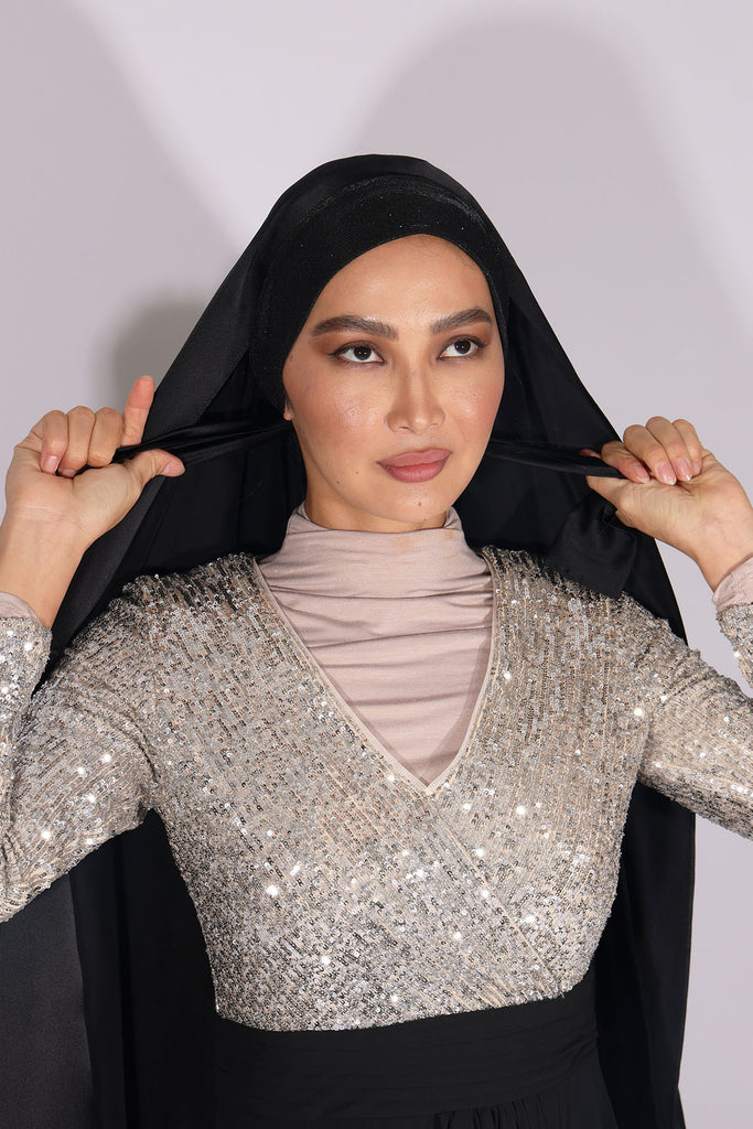 Shine the hijab Al Johara silk satin hijab in Black color for bridal and special occasions
