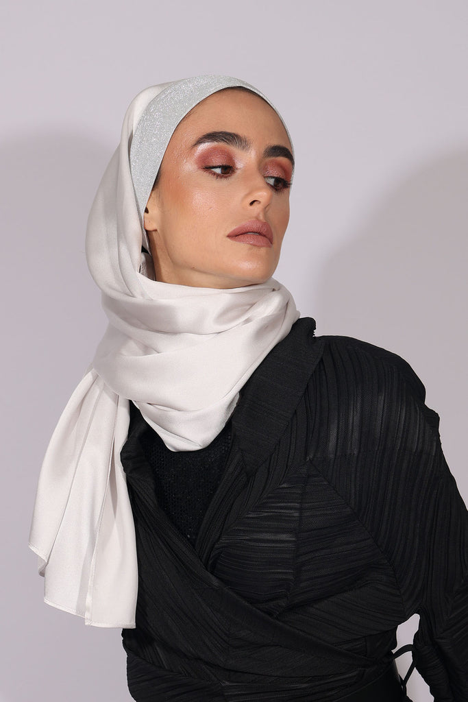 Shine the hijab Al Johara silk satin hijab in Platinum color for bridal and special occasions
