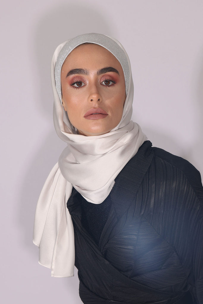 Shine the hijab Al Johara silk satin hijab in Platinum color for bridal and special occasions