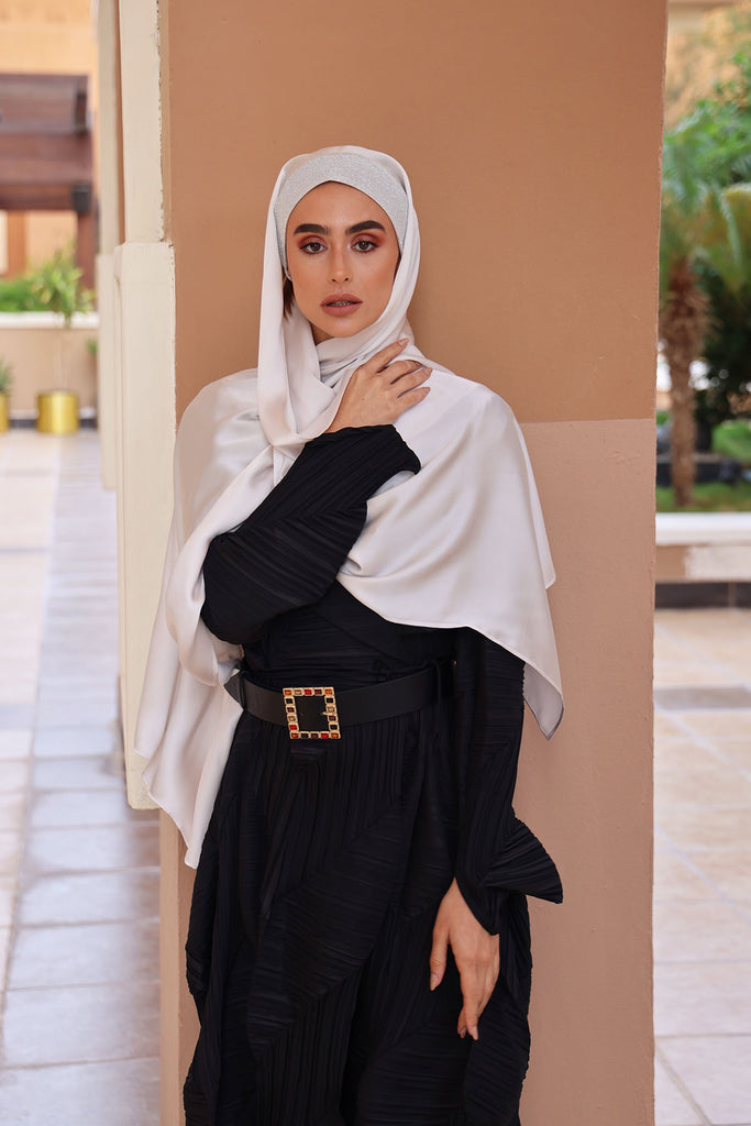 Shine the hijab Al Johara silk satin hijab in Platinum color for bridal and special occasions