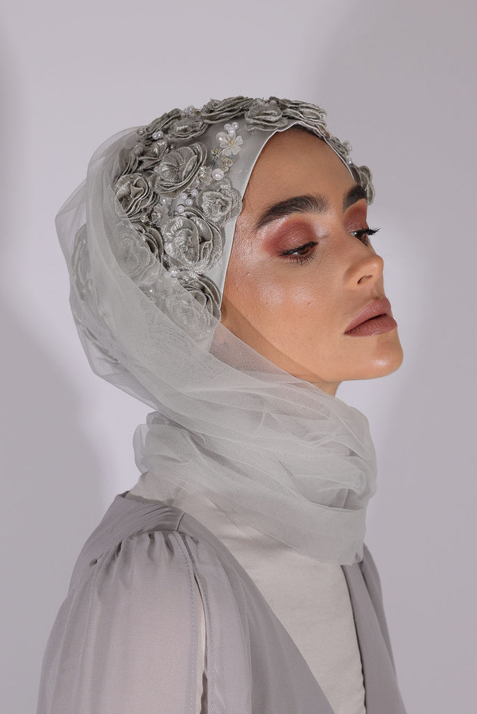 Shine The Hijab Floral & Beyond Veil in a Silver wear in different styles in one piece 