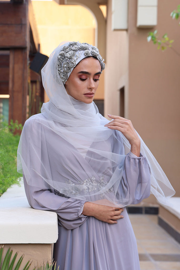 Shine The Hijab Floral & Beyond Veil in a Silver color turban and veil in one piece easy to wear for Bridal and Occasions.