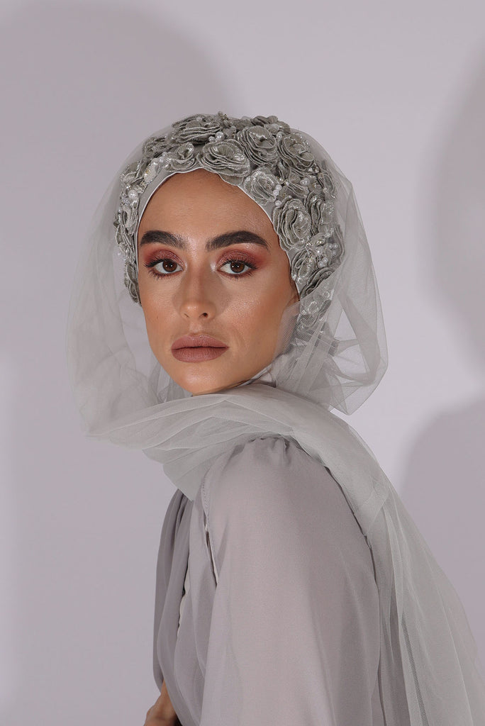 Shine The Hijab Floral & Beyond Veil in a Silver color turban and veil in one piece for Bridal and Occasions.