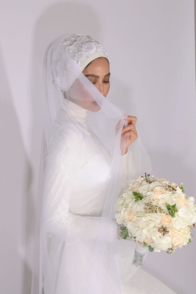 Shine The Hijab Floral & Beyond Veil in a White color turban and veil in one piece for Bridal and Occasions.
