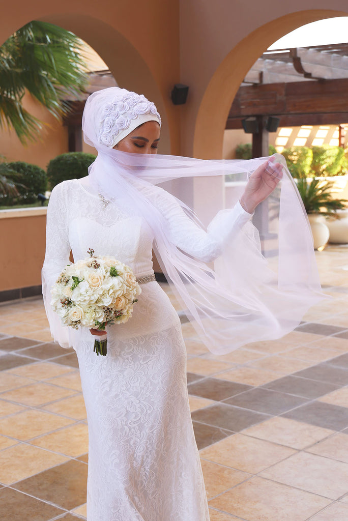 Shine The Hijab Floral & Beyond Veil in While color for Bridal and Occasions 