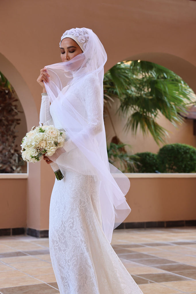 Shine The Hijab Floral & Beyond Veil wear in different styles While color for Bridal and Occasions 