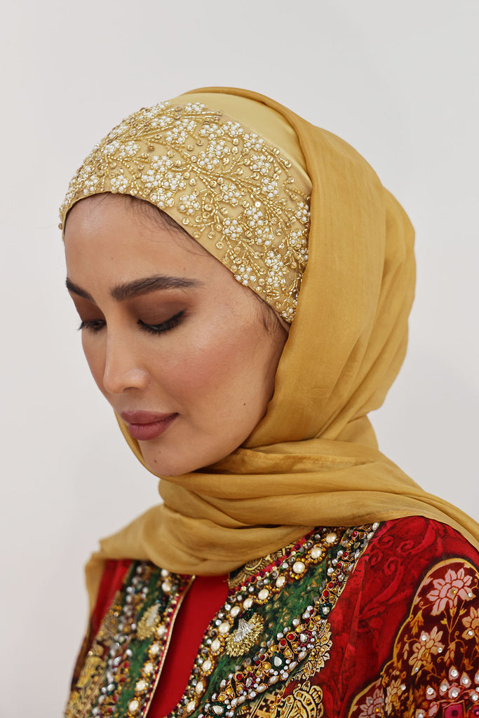 Shine the hijab Gold glow with a 100% pure silk shawl set for bridal and special occasions