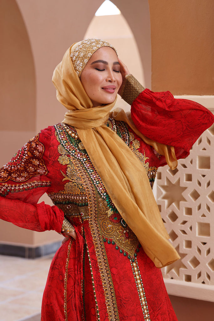 Shine the hijab Gold glow with pure silk shawl set for bridal and special occasions
