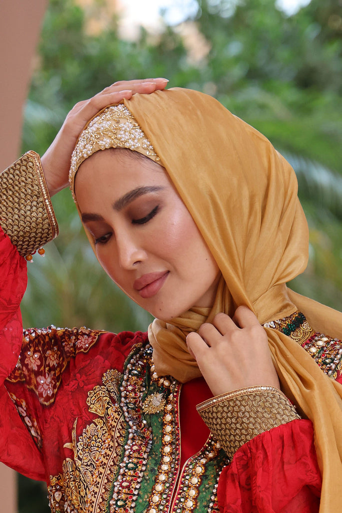 Shine the hijab Gold glow with pure silk shawl set for bridal and special occasions
