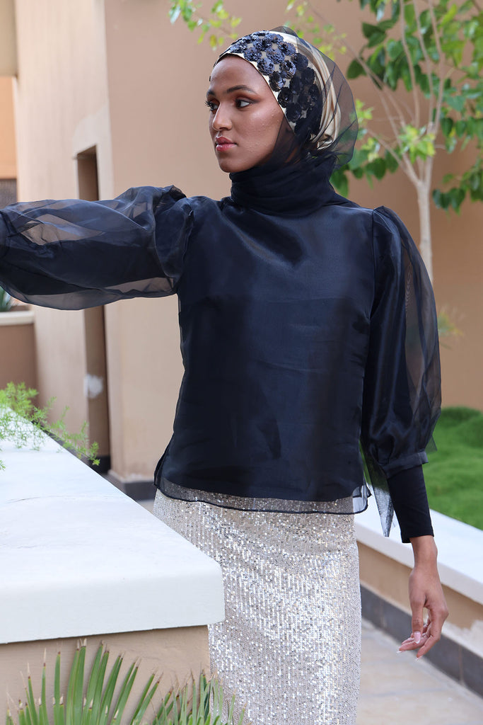 Shine the hijab Gorgeous Black Set with tulle shawl and golden beanie for bridal and special occasions.