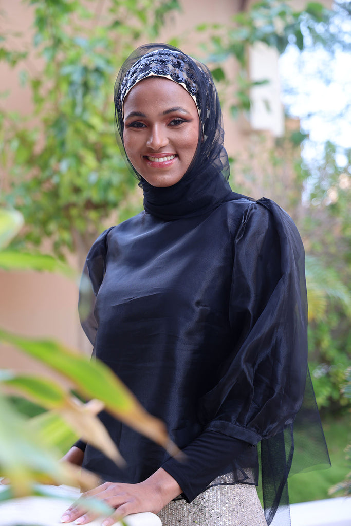 Shine the hijab Gorgeous Black Set with tulle shawl and golden beanie for bridal and special occasions.