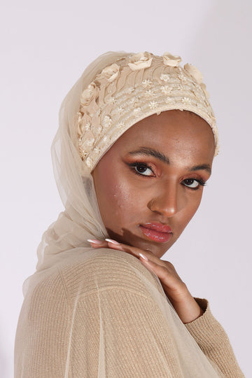 Shine the hijab Mystery in Cream for bridal and special occasions