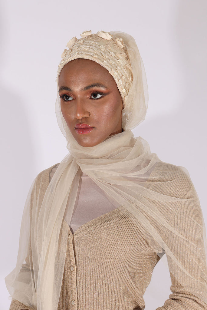 Shine the hijab handmade Mystery in Cream for bridal and special occasions