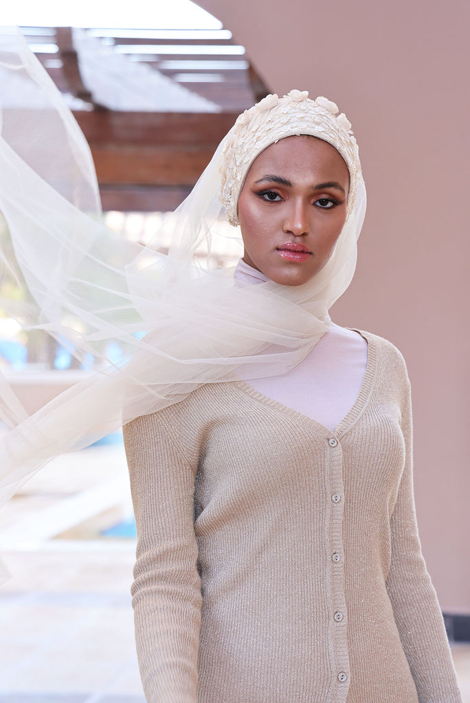 Shine the hijab Mystery in Cream for bridal and special occasions