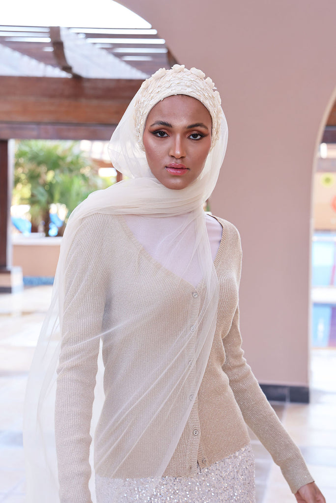 Shine the hijab Mystery in Cream for bridal and special occasions