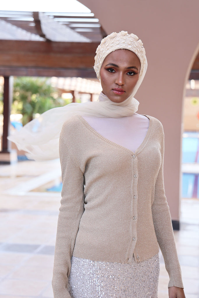 Shine the hijab Mystery in Cream for bridal and special occasions in multiple styles