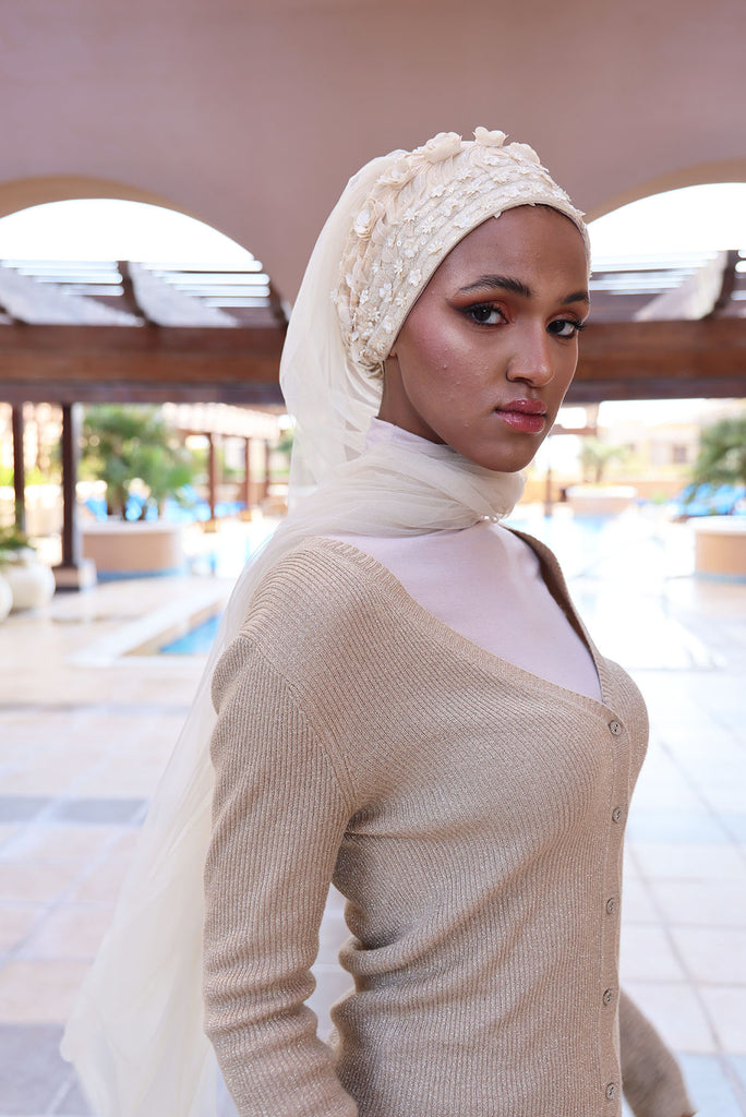 Shine the hijab Mystery in Cream for bridal and special occasions in multiple styles