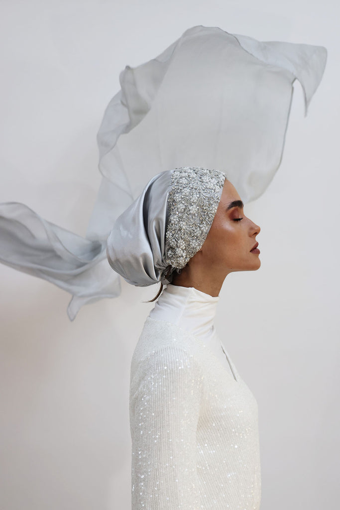 Shine the hijab Silver Beanie for bridal and special occasions